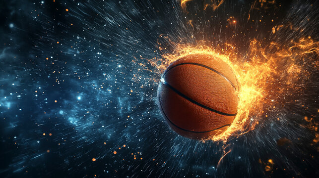 Basketball in Explosive Energy Burst with Fire and Sparks