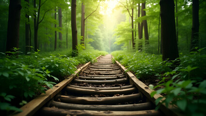 Obraz premium Explore Nature's Tranquility: A Flat Wooden Ladder Ascending Through a Lush Green Forest - A Cute Vector Illustration of Outdoor Adventure and Serenity