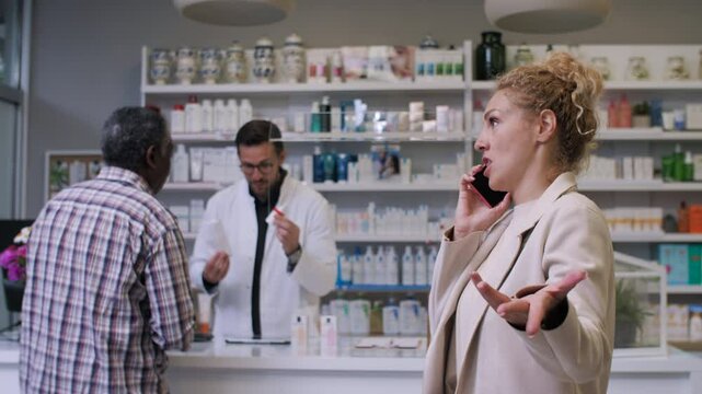Woman talking on phone while pharmacist assists customer