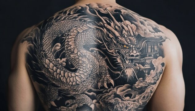 Magnificent back tattoo portraying a detailed mythical dragon with traditional motifs