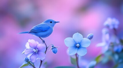 A captivating bluebird perches gracefully upon blossoming light blue flowers