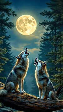 Pair of Wolves Howling Together Under a Bright Full Moon in a Serene Forest at Night