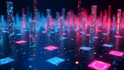 Flat Compose neon themed icon tile patterns mixing luminous tech illustrations and minimal white negative space suitable for event promos or digital branding concept as Use neon gradient edges on tech