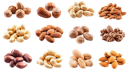 Obraz premium A diverse assortment of nuts including almonds, walnuts, and peanuts arranged neatly on a white background for culinary use