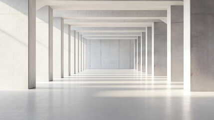 Obraz premium spacious, empty room with concrete walls and floor, featuring series of columns that create rhythmic pattern. sunlight casts long shadows, enhancing minimalist aesthetic