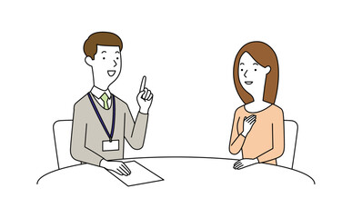 男性の相談員にアドバイスを聞く女性