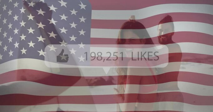 Smiling couple with American flag overlay and animation of 295,653 likes
