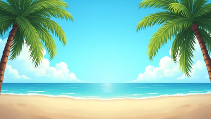 Obraz premium Flat Sand with palm trees and tropical beach background offers creative frame design for summer vacation and travel advertising concepts. concept as Highlights relaxation and adventure offering a sere