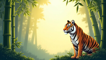 Stunning Tiger and Bamboo Border Frame with Copy Space for World Wildlife Day Themes - Perfect for Conservation Messages and Awareness Campaigns in Photo Stock