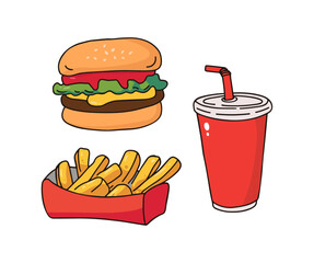 French fries, hamburger and soda Fast food illustration