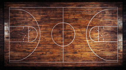 Top View of Basketball Court with Polished Wooden Floor and Game Lines
