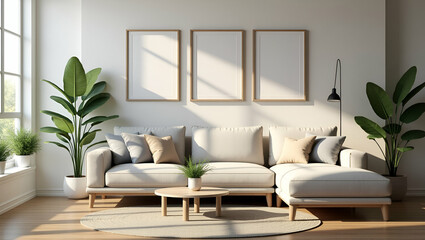 Cozy Living Room Decor: Stylish Furniture, Small Plant Pots, and Picture Frames for a Warm Home Environment - Photo Stock Concept with Empty Space on the Left
