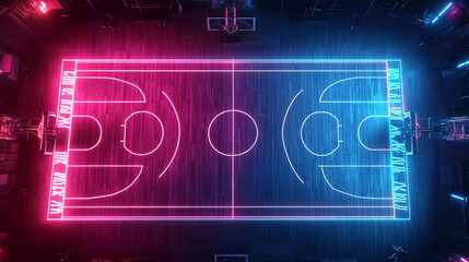 Futuristic Basketball Court with Neon Pink and Blue Lighting
