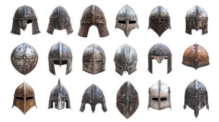 A diverse collection of medieval helmets displayed in a grid format, showcasing various designs and textures, ideal for historical reference