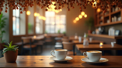 Cozy caf? interior border with copy space for International Coffee Day marketing materials concept as Cozy caf? interior scene as a border with copy space for International Coffee Day marketing materi