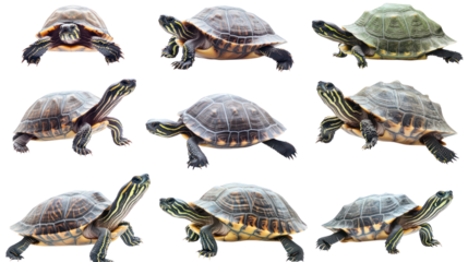 A diverse collection of turtles showcasing various poses and angles against a clean white background, ideal for educational use