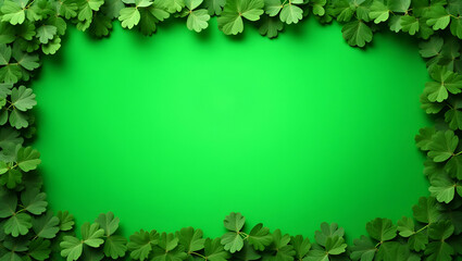 Fototapeta premium Refreshing Green Beer Mugs and Vibrant Shamrocks Frame: Festive Copy Space for St. Patrick's Day Greetings in Photo Stock Concept with Empty Left Side
