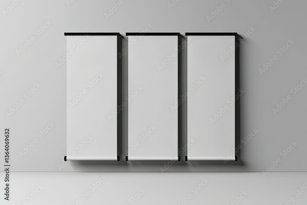 Poster high resolution visual of three blank rollup on gray background