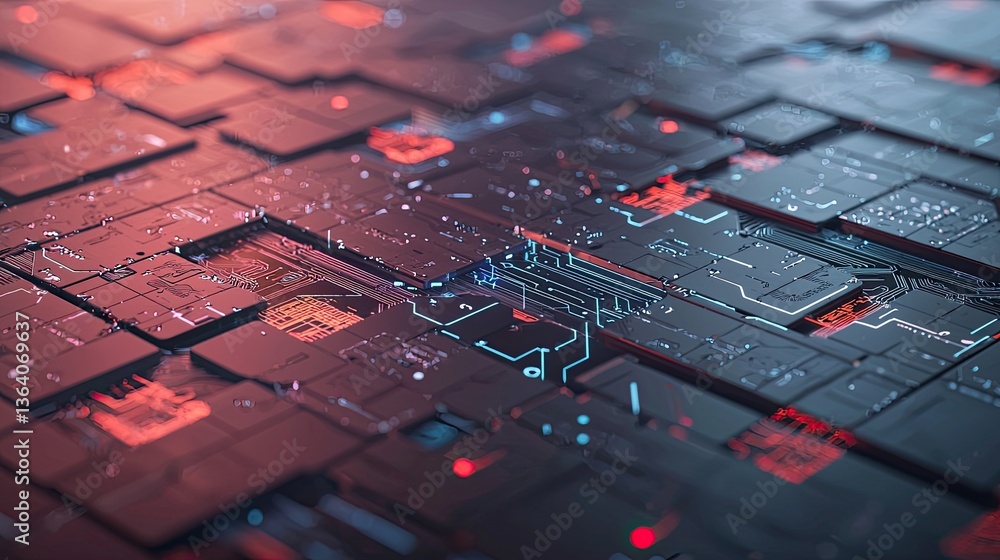 Poster exploring digital circuitry patterns virtual environment abstract illustration high-tech perspective
