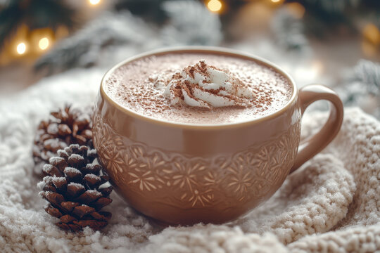 Cup of hot chocolate with whipped cream and cinnamon.