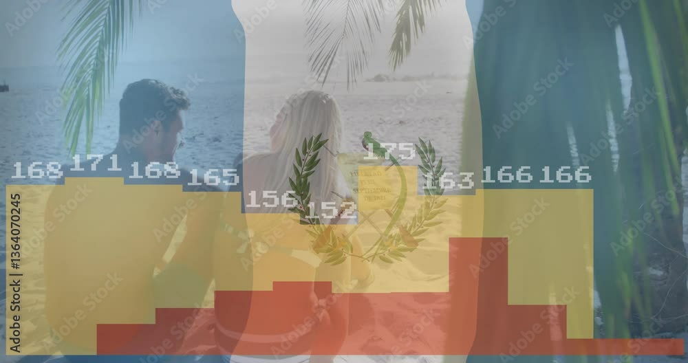 Poster couple relaxing on beach with guatemalan flag and data processing animation overlay