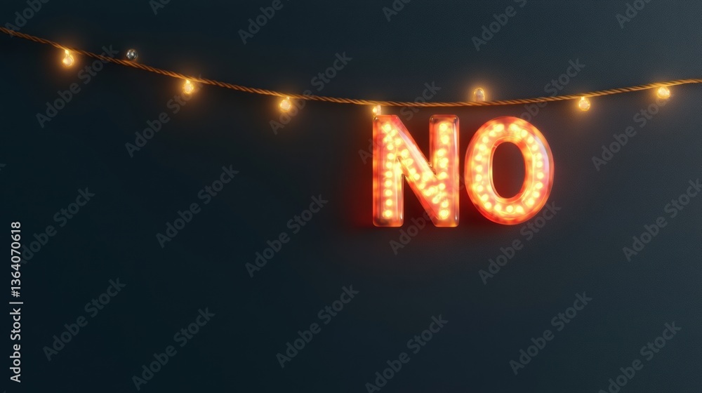 Poster a colorful illuminated sign displaying the word no hangs on a string of lights against a dark backgr