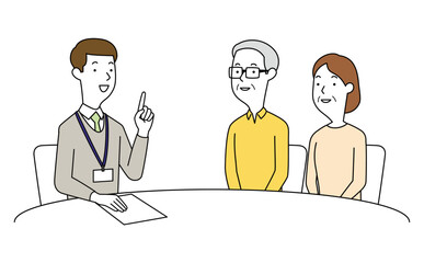 男性の相談員にアドバイスを聞く高齢の男女