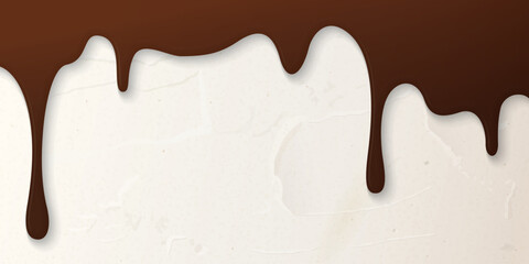 Melted chocolate flows onto cream cake surface horizontal background graphic illustration have blank space.