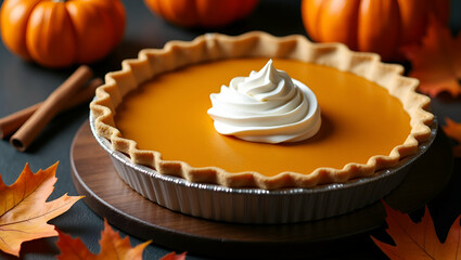 Delightful Flat Autumn Pumpkin Pie with Whipped Cream: A Cozy Fall Illustration Surrounded by Colorful Leaves and Cinnamon Sticks for Your Seasonal Dessert Inspiration