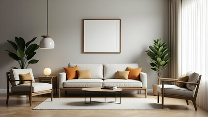 Cozy Living Room Design: Stylish Sofa Chair and Picture Frame on Wall - Perfect Photo Stock Concept with Empty Space for Your Creative Touch