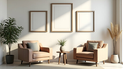Stylish Living Room Decor: Cozy Chairs, Picture Frames, and Flower Vases for a Chic Home Environment - Simple Flat Vector Illustration for Smart Business Inspiration