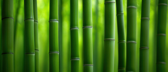 Fototapeta premium Bamboo forest background with vibrant green stalks creating serene and tranquil atmosphere. lush greenery evokes sense of peace and connection to nature