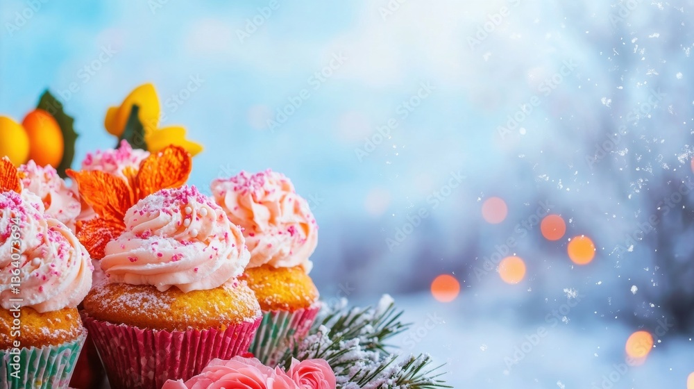 Poster delicious cupcakes with pink frosting and colorful sprinkles are arranged on a table adorned with wi