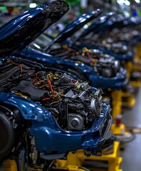 Fototapeta premium Several blue cars with open hoods in a factory assembly line