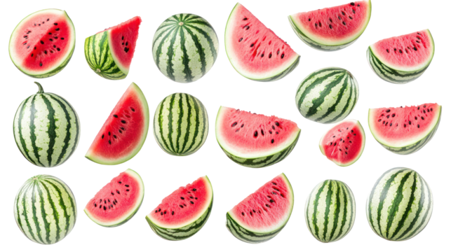 A vibrant arrangement of whole and sliced watermelons showcasing their juicy red flesh and green rind, perfect for summer themes - Powered by Adobe