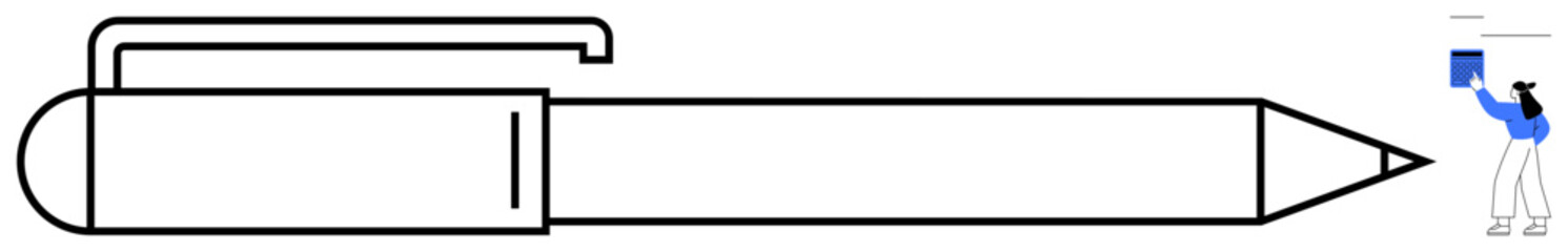 Obraz premium Oversized pen dominating composition with a small abstract human figure holding a notebook. Ideal for creativity, writing, education, brainstorming, teamwork, communication, innovation. Flat simple