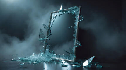 Fototapeta premium Shattered Illusion: A frame with broken glass evoking feelings of destruction, fragility, and the end of something.