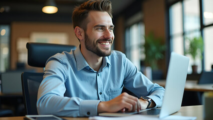 Happy professional business man company employee young busy smiling male businessman entrepreneur or worker looking away using laptop computer technology working at corporate office desk. concept as H