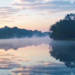Fog Rolling Over Calm Lake Water at Sunrise Reflecting Trees