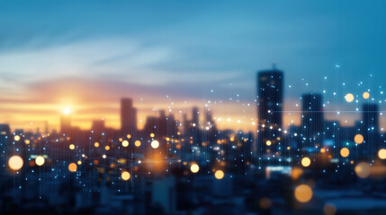 Obraz premium blurred cityscape at dusk showcases twinkling lights against vibrant sunset, creating serene and captivating atmosphere. interplay of colors and lights evokes sense of wonder and tranquility