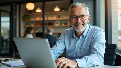 Fototapeta premium Portrait of Happy Senior Business Executive Working on Laptop in Office