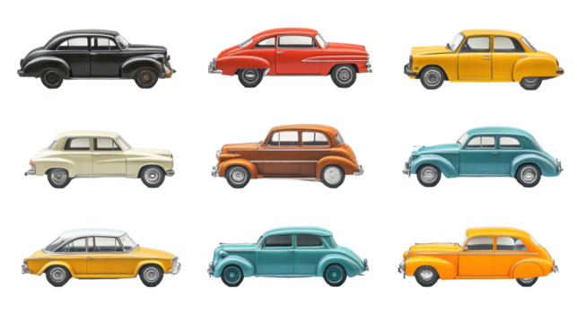 A vibrant collection of classic cars in various colors, showcasing their unique designs against a simple background
