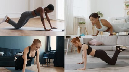 A diverse group participates in various fitness activities indoors, showcasing their athleticism and commitment to a healthy lifestyle. Each individual performs a different exercise to stay fit.