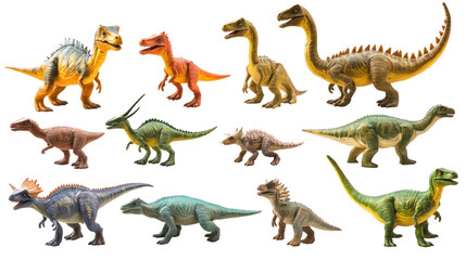 A vibrant collection of dinosaurs in various poses, showcasing their unique features and colors against a neutral background