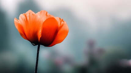 Naklejka premium A vibrant orange poppy flower is blooming against a blurry backdrop