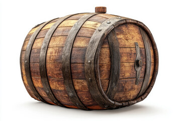 Wooden barrel on white background, showing rustic texture and metal details.