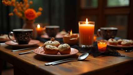 Hosting a Halloween tea party with themed decorations spooky elements and festive treats creating a fun and eerie gathering perfect for Halloween events concept as Hosting a Halloween tea party with t