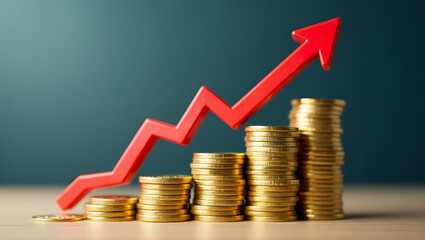 Flat Vector Illustration of Gold Coins with Upward Arrows: Symbolizing Financial Growth, Stock Market Rise, and Investment Success for Prosperity
