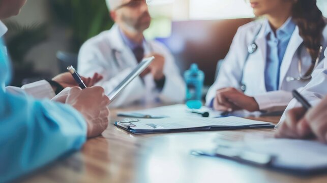 Scene of a hospital meeting with doctors and nurses discussing patient care.