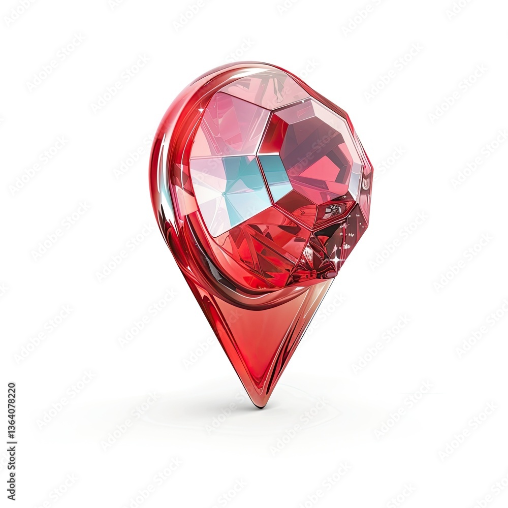 Poster a red, faceted gem-shaped object resembling a location pin. isolated on white background